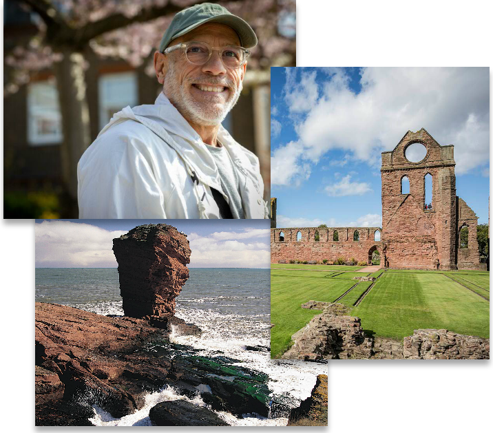 A stack of three pictures - a man smiling at the camera, Arbroath Abbey, and a view of the Arbroath cliffs